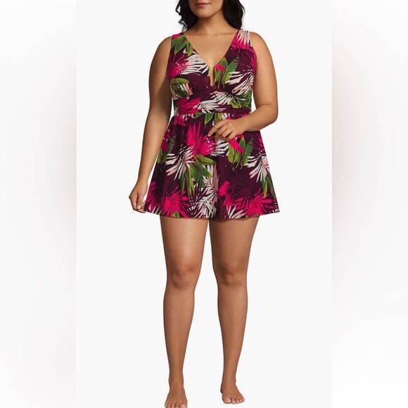 Land's End Plus Size Slender Swimsuit Dress Dark Wine Multi Tropical Palm 18 - Picture 4 of 7